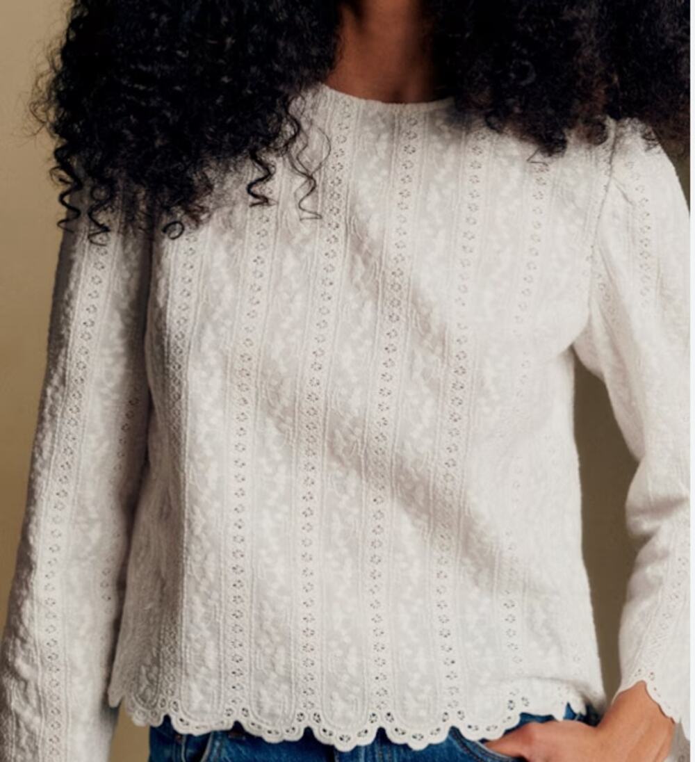 Sezane Ecru Abey Embroidered Scallop Blouse (34)